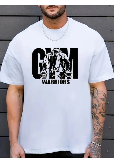 Barlashive Erkek Baskılı Tişört Kısa Kol Bisiklet Yaka Regular Fit Rahat Kalıp T-shirt - Beyaz Çok Renkli