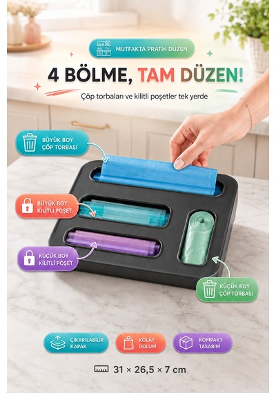 4 Bölmeli Poşet Organizeri Çöp Torbası Ve Kilitli Poşet Düzenleyici Plastik Saklama Kutusu Düzen Ant