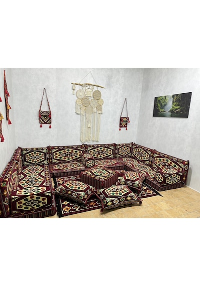 Coton Şark Köşesi Yörük Desen Minder Takımı Bordo 23 Parça