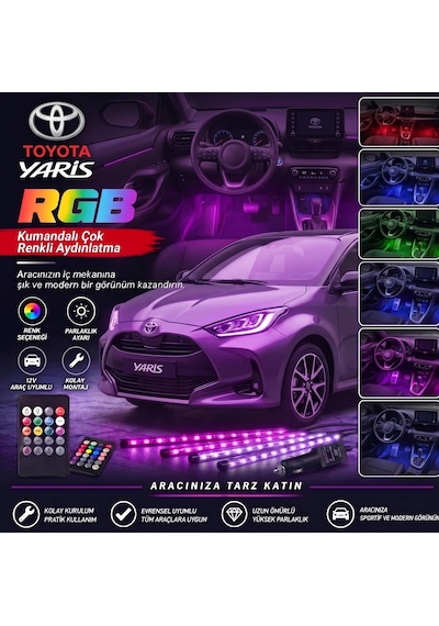 Toyota Yaris Ayak Altı Led Kumandalı Araç Içi Aydınlatma 4 Lü Sese Duyarlı Renk Değiştirme Özellikli