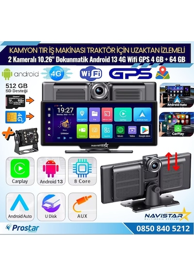 Kamyon Tır İçin Kayıtlı 2 Kameralı Android 13 Wıfı Gps 4g Uzaktan İzlemeli 4 Gb + 64 Gb Carplay 512 Gb Destekli Tak Kullan Kamera Seti