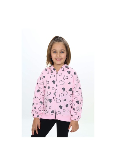 Toontoy Kids Toontoy Kız Çocuk Kapüşonlu Fermuarlı Komple Kalp Baskılı Örme Hırka Pembe