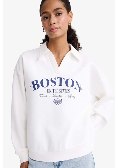 Defacto Relax Fit Polo Yaka Baskılı Kalın Sweatshirt F1064ax25auer105 Ekru