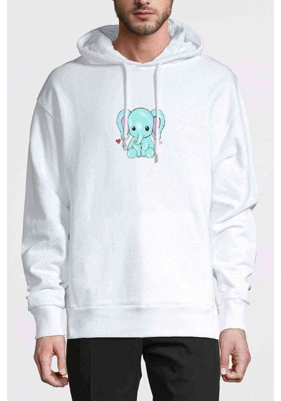 Kawaii Baby Elephants Baskılı Beyaz Erkek Örme Kapşonlu Sweat