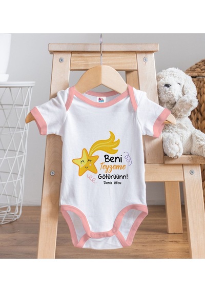 Bk Gift Bk Kids Kişiye Özel Beni Teyzeme Götürün Tasarımlı Pembe Bebek Body Zıbın - Model 1 Sarı