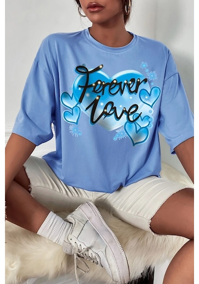Uyguntarz Unisex Forever Love Baskılı Oversize Tshirt Bebe Mavisi