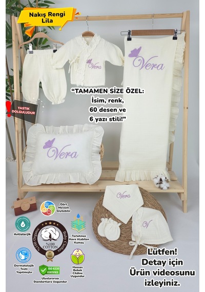 Gros Shop - Müslin Yeni Doğan 4katlı Organik %100pamuk Kişiye Özgü Nakışlı Hastane Çıkış Seti Tekli Kelebek-1 Ekru