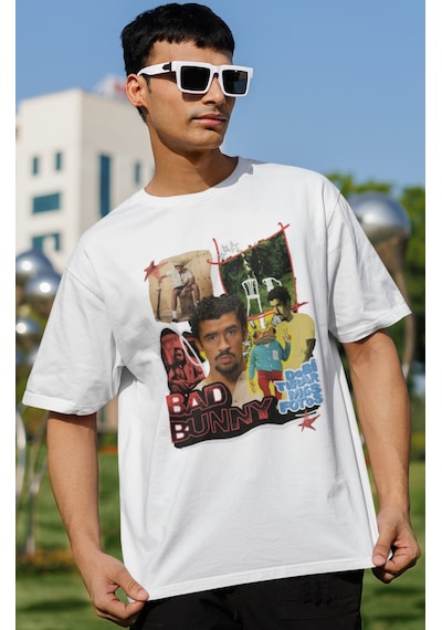 Bad Bunny Rapper Şarkıcı Baskılı Unisex Oversize Tişört Beyaz