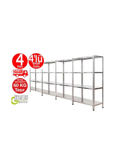 Açıkmağazam Galvanizraf 4 Katlı 4 Lü Bitişik Çelik Raf Arşiv Depo Kiler Rafı