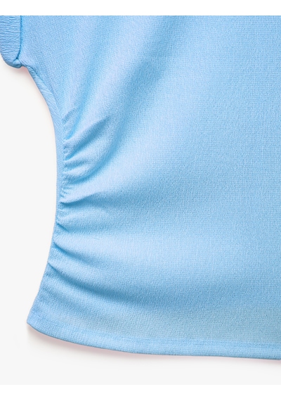 Koton Pamuklu Yuvarlak Yaka Katlamalı Kap Kol Drape Detaylı Bluz Mavi 6sak50365ek