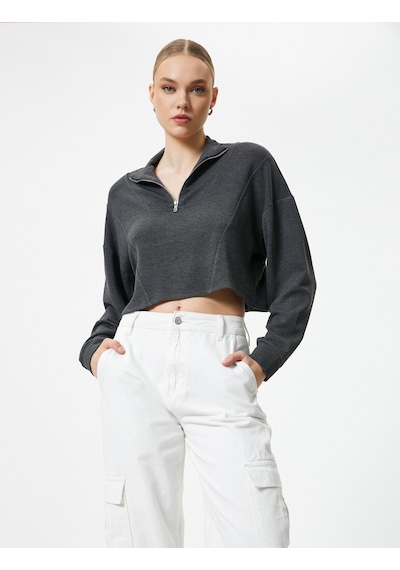 Koton Yarım Fermuarlı Sweatshirt Crop Uzun Kollu Antrasit 4sak10226ek Antrasit
