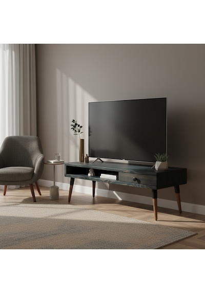Mobenta Neo TV: Asimetrik Masif Ahşap TV Ünitesi 1 Çekmeceli 1 Raflı - 120 AN