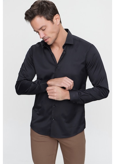 Morven Erkek Siyah Slim Fit Dar Kesim Düz Sert Yaka Uzun Kollu Gömlek Siyah