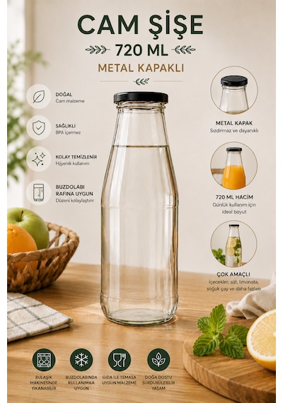 1 Adet 720 Ml Siyah Metal Kapaklı Cam Şişe Şeffaf Sürahi Süt, Ayran, Su, Limonata Meşrubat Şişesi