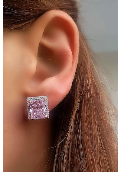 Sky Diamond Pink Aleksandrit Taşlı 925ayar Gümüş Beyaz Altın Kaplama Lüks Baget Küpe Gümüş