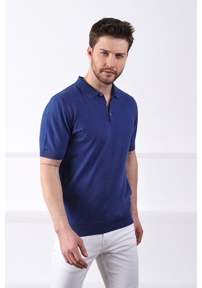 Ferraro İndigo Polo Yaka Düz Renk Erkek Pamuk Triko T-Shirt-İndigo