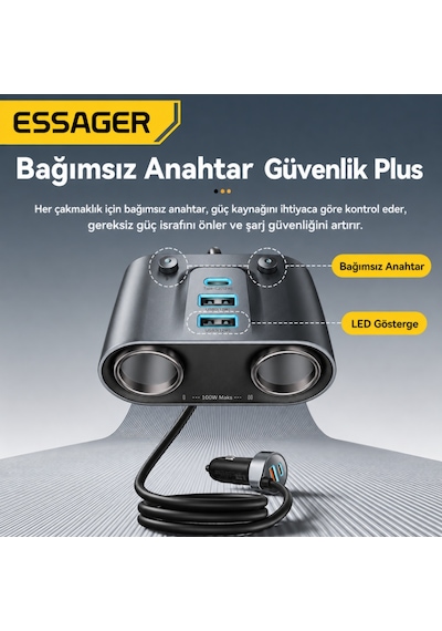 Essager 150w Çift Çakmaklık Çoğaltıcı Araç Şarj Adaptörü 3 Usb 2 Type-c 12-24v Araç Çakmaklık Çoğaltıcı