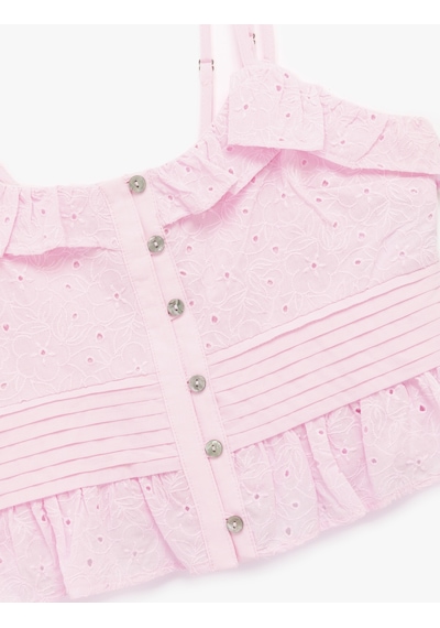 Koton Pamuklu Kolsuz Fırfırlı Yaka Düğmeli Brodeli Crop Bluz Pembe 5sal30039ıw Gül