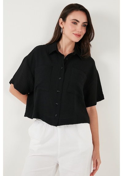 Lela Regular Fit Cep Detaylı Kısa Kollu Bayan Gömlek 6778568 Siyah