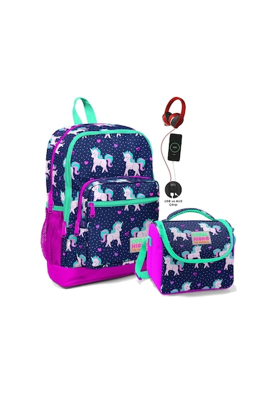 Coral High İlkokul Çanta Seti - Usb Ve Aux Çıkışlı Kız Çocuk Pembe Mavi Unicorn