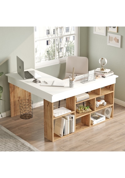 Yurudesign Tywin Kitaplık Raflı Çalışma Masası Çam-Beyaz