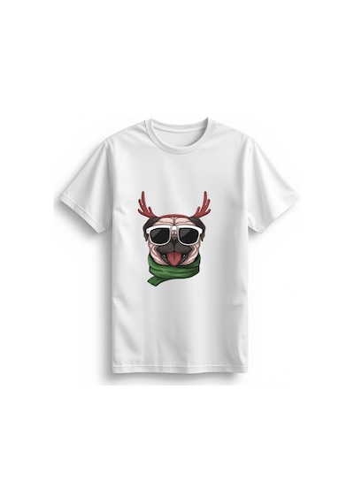 Paybuy Kadın Grafik Baskılı Gözlüklü Pug Boynuzlu Ren Geyiği Atkılı Raha Beyaz
