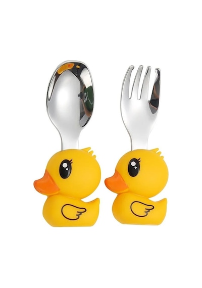 Jojobebek Kaşık Çatal Seti, Ergonomik Kısa Saplı Silikon, Paslanmaz Çelik Uçlu, Saklama Kutulu, (9-24 Ay)  (Sarı Renk) Sarı