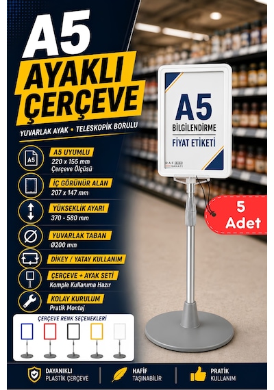 5 Adet - A5 Ayaklı Menü Ve Fiyat Bilgi Standı Yuvarlak Tabanlı Teleskopik Çerçeve Etiketlik Beyaz