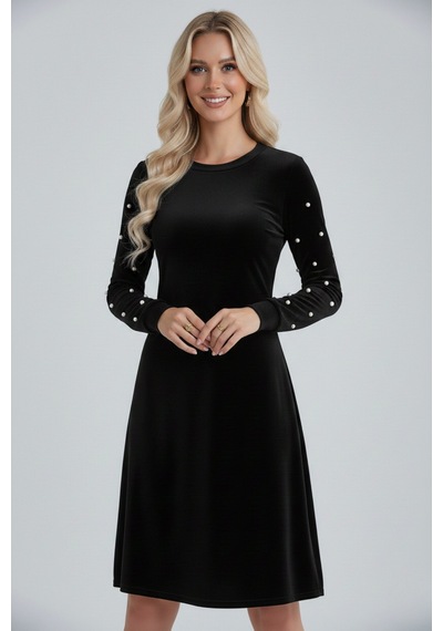 Defymoda Kadın A Form Uzun Kollu İnci Detaylı Kadife Elbise Siyah