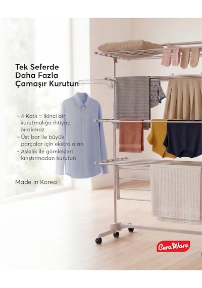 Home S4 Premium 4 Katlı Çamaşırlık Made in Korea Tam Katlanır Tekerlekli Çamaşır Kurutmalık