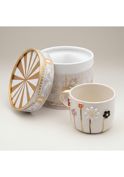 Dearmoon House El Yapımı Seramik Mug, 24 Karat Gerçek Altın Bezemeli, Çiçek Desenli, Atlı Karınca Kutulu, Hediye Seti, Lüks Kupa Beyaz - Çok Renkli