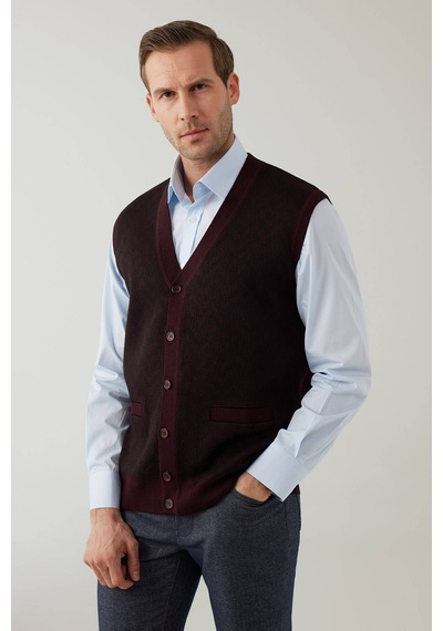 Erkek Koyu Bordo Regular Fit Desenli Yün Karışımlı Triko Yelek
