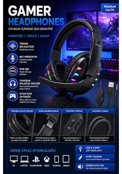 Rgb Oyuncu Kulaklığı Usb + 3.5mm Mikrofonlu Gaming Kulaklık Pc Ps5 Ps4 Xbox Telefon Tablet Uyumlu