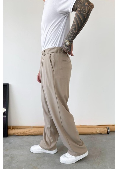 Bej Pileli Baggy Kumaş Pantolon