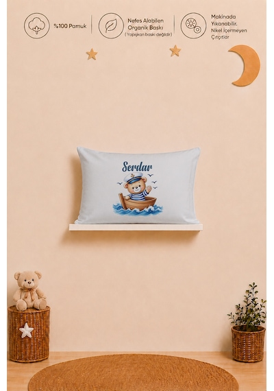 İsimli Erkek Bebek Yastık Kılıfı 35x45 Cm %100 Pamuk Organik Baskılı İsme Özel Bebek Hediyesi 1102y