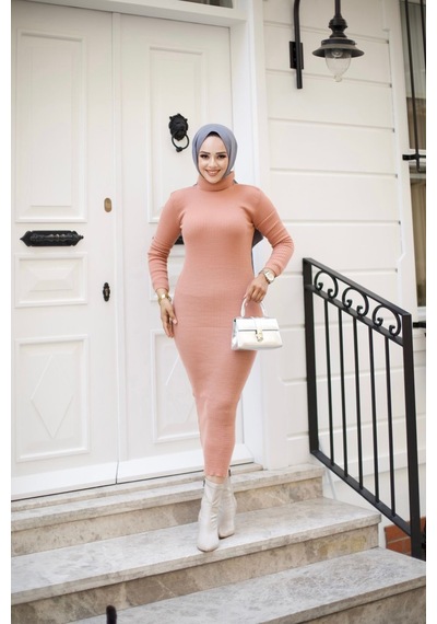 Hira Life Fashion Kadın Elbise Tesettür Giyim Balıkçı Yaka Ve Dar Kesim Triko Kalem Elbise Pudra Pudra Hira Life Fashion Kadın Elbise Tesettür Giyim Balıkçı Yaka Ve Dar Kesim Triko Kalem Elbise Pudra Pudra