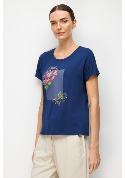 Kadın Sıfır Yaka Önü Payet Güllü Penye T-shirt Lacivert Lacivert