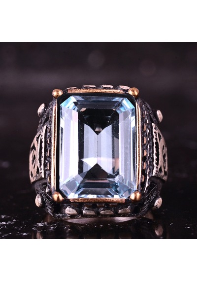 Kambo El Yapımı 925 Ayar Gümüş Mavi Topaz Taşlı Erkek Yüzük - 17 Gr