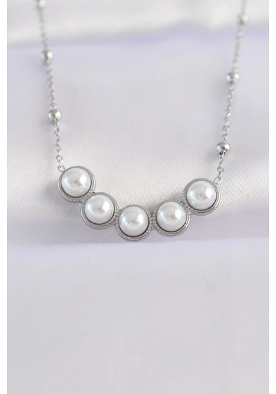 316l Çelik Zincir Gümüş Renk Sıralı İnci Taşlı Kolye Çok Renkli