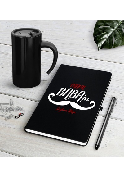 Kişiye Özel Canım Babam Siyah Defter Kalem Termos Mug Seti-8 Siyah