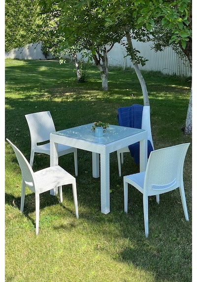 Rattan Small Camlı Beyaz Masa Takımı Bahçe&balkon 1 Camlı Masa 4 Sandalye Beyaz