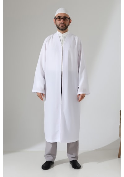 Erkek Namaz Elbisesi Buhara Yaka Cepli Namaz Cübbesi Beyaz - Sfa Beyaz
