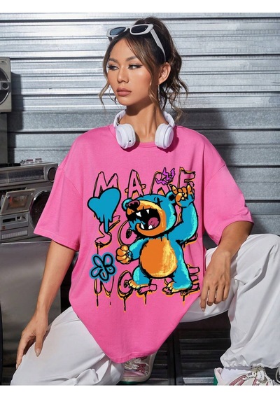 Noıssey Karikatür Ve Grafik Tasarım Oversize T-shirt Cartoon/letter Serisi Kod762 Pembe