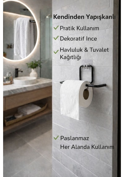 Buççin Online Mağaza Yapışkanlı Tuvalet Kağıtlığı Tutacağı Askısı Mat Siyah Metal Tuvalet Kağıtlık Metal Siyah Çok Renkli