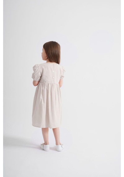 Oliventhekid Kolları Ve Beli Lastikli Kız Çocuk Elbise Ekru Ekru