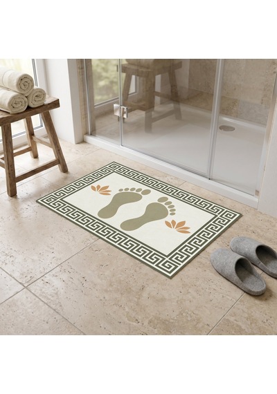 Kartela Halı Ayak İzi Desenli Banyo Paspası Adaçayı Yeşili Kaymaz Taban 40x60 Cm