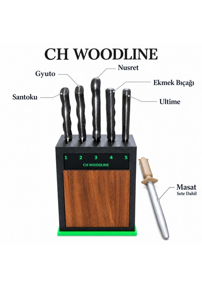 Ch Woodline 4116 Alman Çeliği 5 Li Şef Bıçak Seti, Ceviz Ön Yüzlü Stand Ve 22 Cm Masat çok renkli