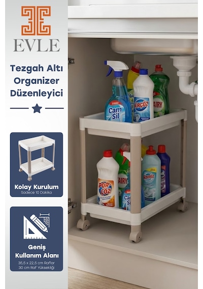 2 Katlı Tekerlekli Tezgah Altı Raf Düzenleyici Organizer, Banyo Lavabo Altı Düzenleyici "antrasit" Beyaz