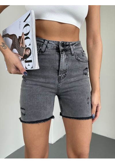 HerTon Kadın Füme Bermuda Jean Şort Yüksek Bel Yırtık Detaylı Denim