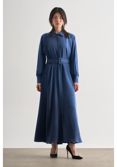 Mizalle Tencel Dokulu Pile Detaylı Kemerli Maksi İndigo Mavi Elbise Indigo